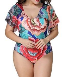 Floral Plus Size One Swimsuit with Flutter Sleeves